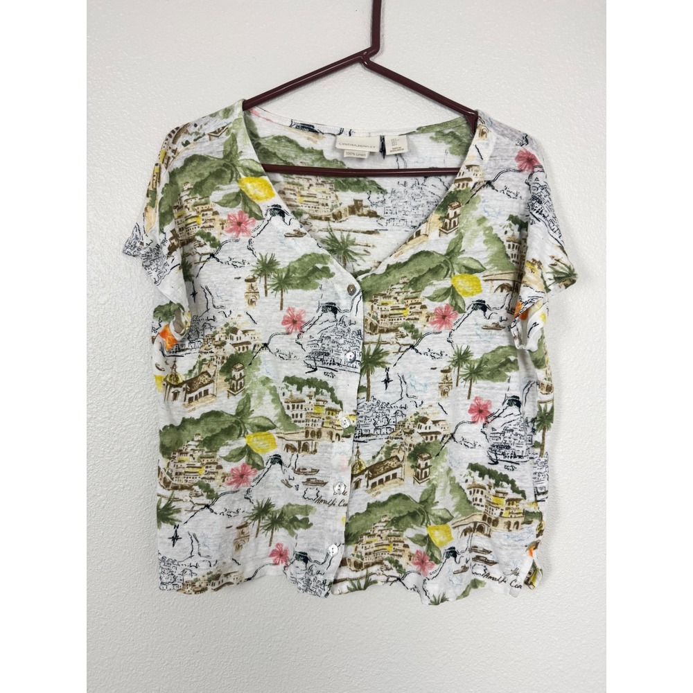 Cynthia Rowley Amalfi Coast Map Print 100% Linen V-Neck Button Top Large